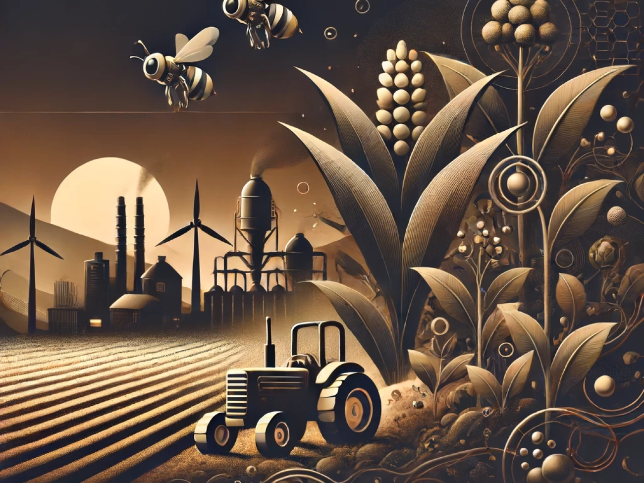 DALL·E 2024-06-13 12.06.29 - A dark, neutral-toned, non-crowded illustration representing the concept of biosynthetic soil and robotic pollinators in Indian agriculture. The scene