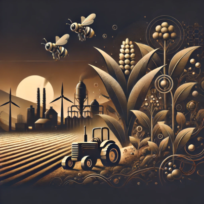 DALL·E 2024-06-13 12.06.29 - A dark, neutral-toned, non-crowded illustration representing the concept of biosynthetic soil and robotic pollinators in Indian agriculture. The scene