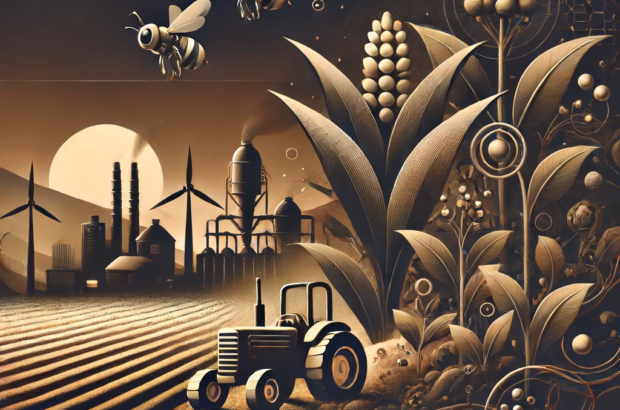 DALL·E 2024-06-13 12.06.29 - A dark, neutral-toned, non-crowded illustration representing the concept of biosynthetic soil and robotic pollinators in Indian agriculture. The scene