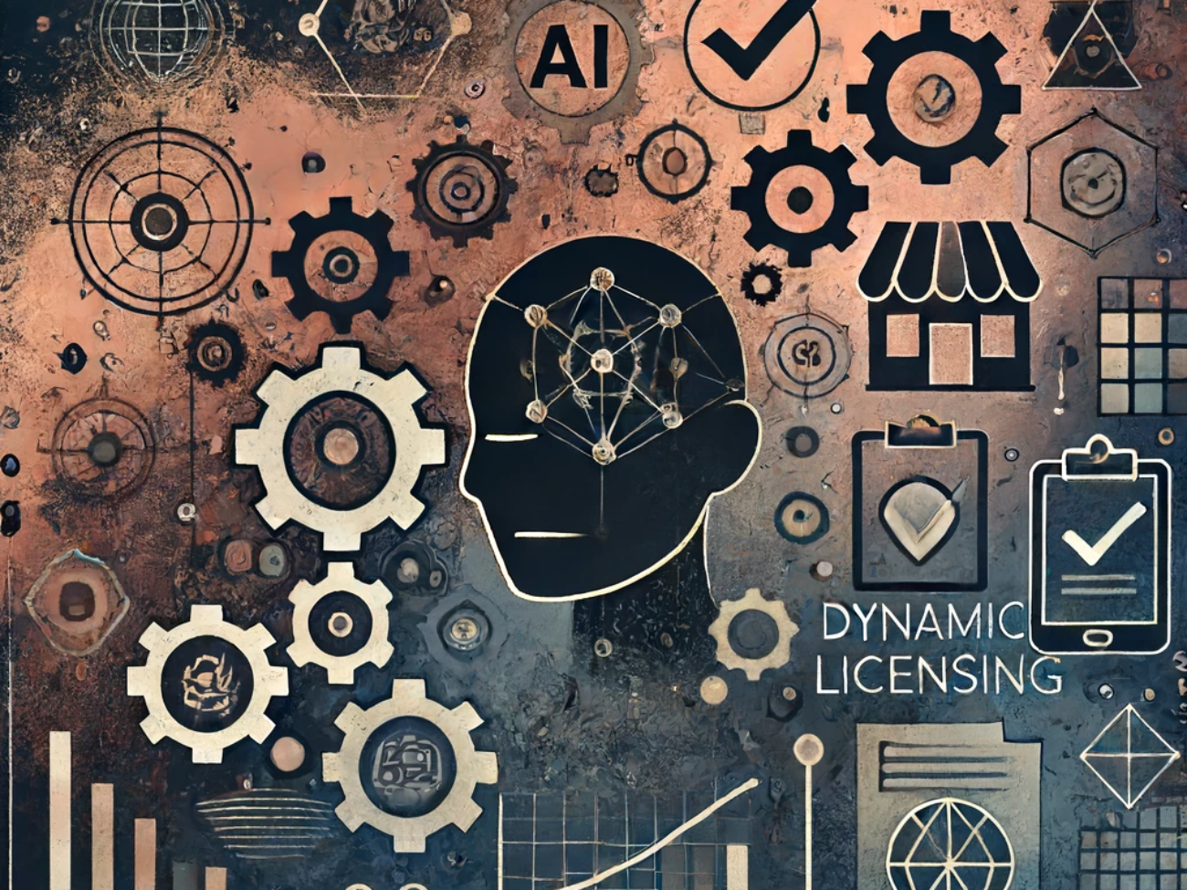 DALL·E 2024-06-13 12.15.12 - A 40% dark, neutral tone illustration representing the concepts of AI-driven compliance and dynamic licensing systems for small businesses. Use a 50%