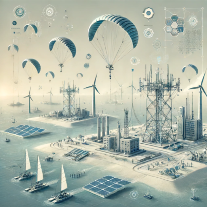 DALL·E 2024-06-13 17.20.23 - A cool futuristic image depicting kite-powered energy systems with dull colors. The image should include high-altitude kites capturing wind energy, fl