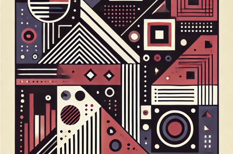 DALL·E 2024-06-18 09.33.28 - Create an abstract square illustration in the style of the 1980s, using black, maroon, and navy colors. The illustration should feature geometric shap