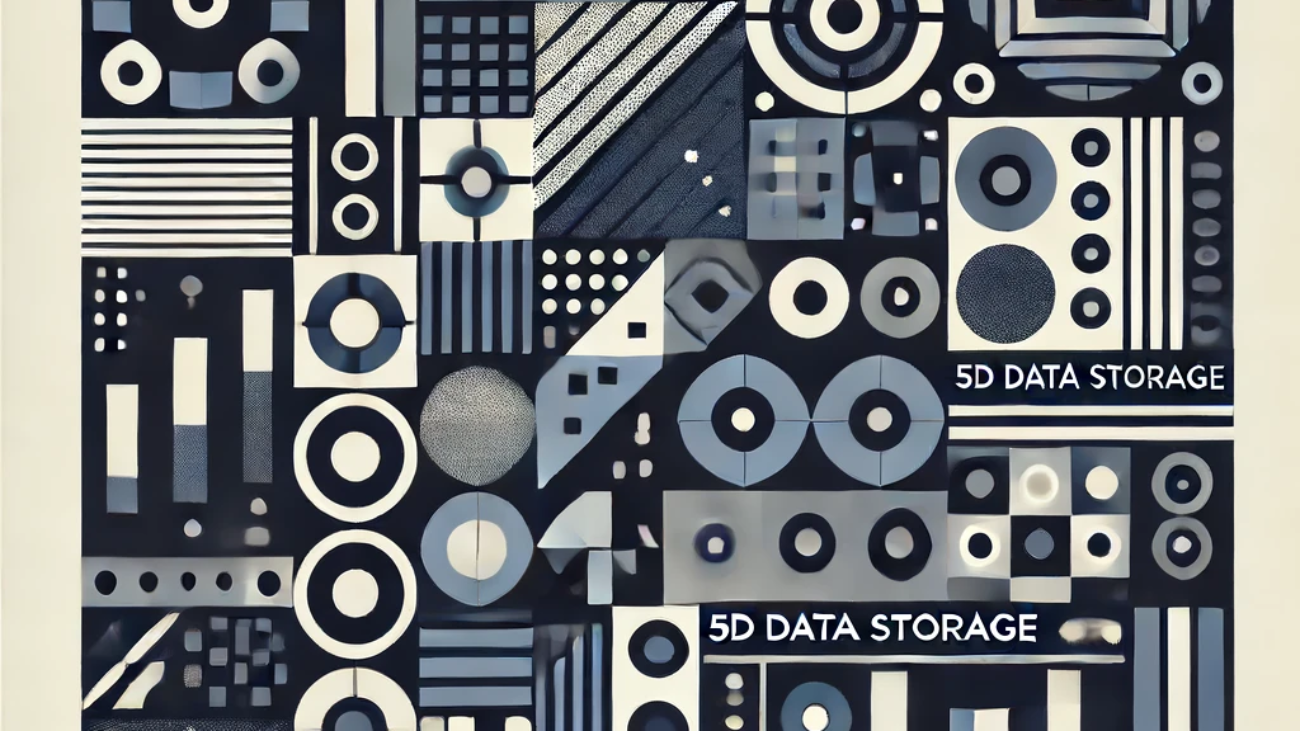 DALL·E 2024-06-18 10.00.21 - Create a 1990s style square abstract illustration inspired by the concept of 5D data storage technology in data management. Use a color palette of nav