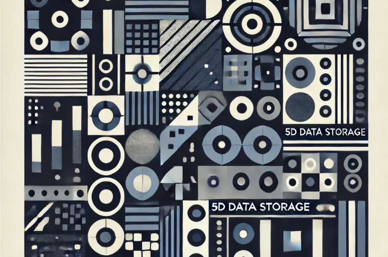 DALL·E 2024-06-18 10.00.21 - Create a 1990s style square abstract illustration inspired by the concept of 5D data storage technology in data management. Use a color palette of nav