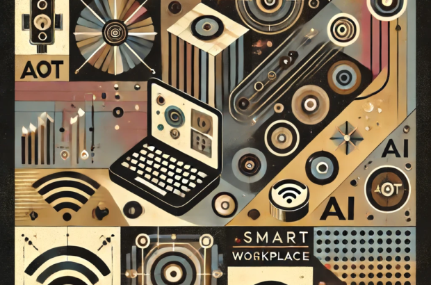 DALL·E 2024-06-18 12.30.29 - Create a 1950s style abstract conceptual image inspired by the idea of smart workplaces equipped with IoT devices and AI to enhance productivity, safe