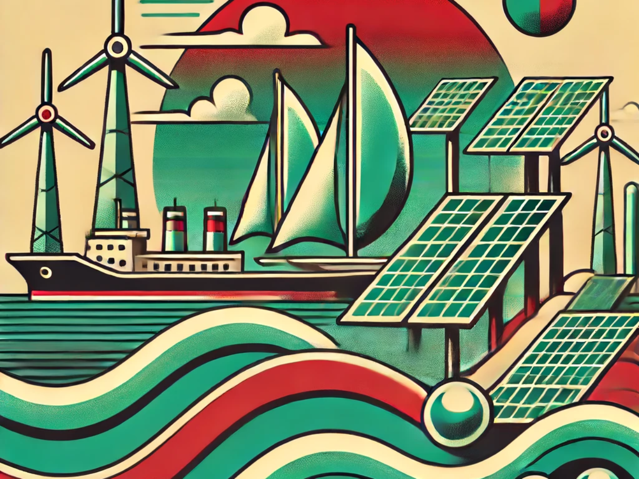 DALL·E 2024-06-18 17.32.07 - Create a 1970s style abstract illustration inspired by the concept of offshore floating solar desalination hubs. Use a color palette of emerald, ruby,