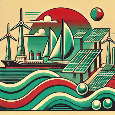 DALL·E 2024-06-18 17.32.07 - Create a 1970s style abstract illustration inspired by the concept of offshore floating solar desalination hubs. Use a color palette of emerald, ruby,