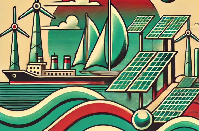 DALL·E 2024-06-18 17.32.07 - Create a 1970s style abstract illustration inspired by the concept of offshore floating solar desalination hubs. Use a color palette of emerald, ruby,