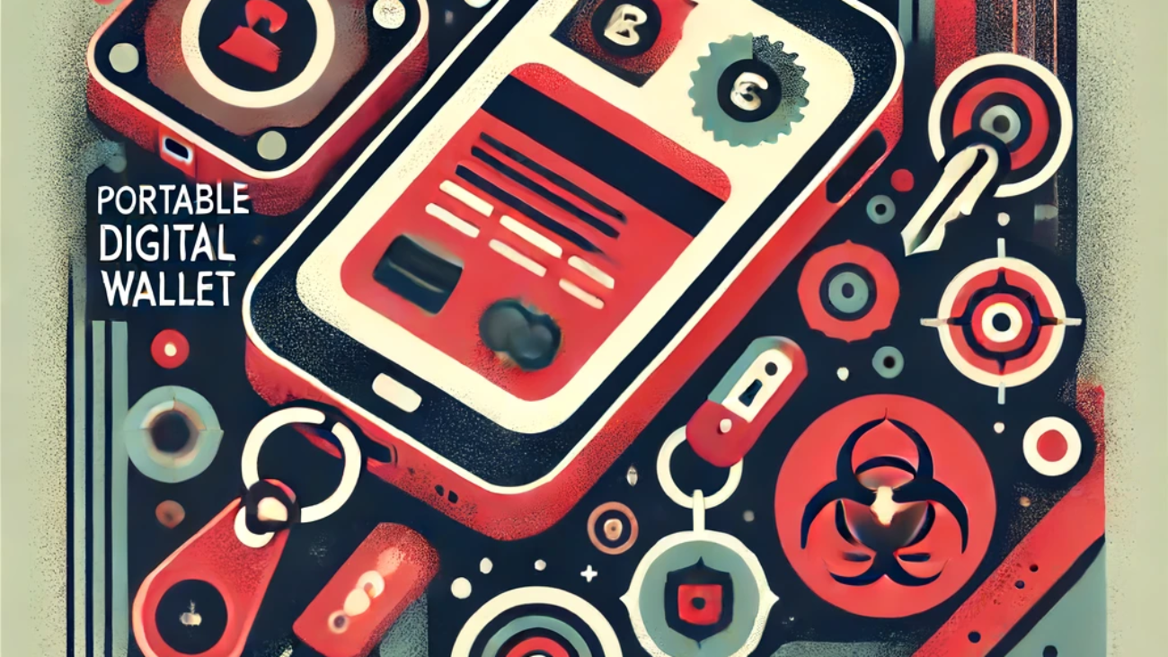 DALL·E 2024-06-18 17.45.31 - Create a 1990s style abstract illustration inspired by the concept of a portable digital wallet for credentials. Use a color palette of crimson red, c