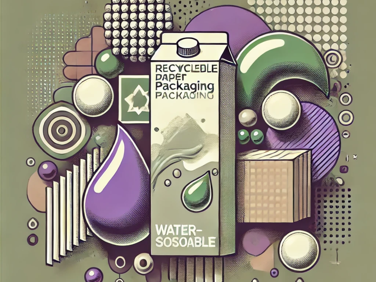 DALL·E 2024-06-19 10.23.01 - Create an abstract 1980s style illustration showcasing eco-friendly packaging solutions. Use muted violet, muted green, and gray colors. The illustrat