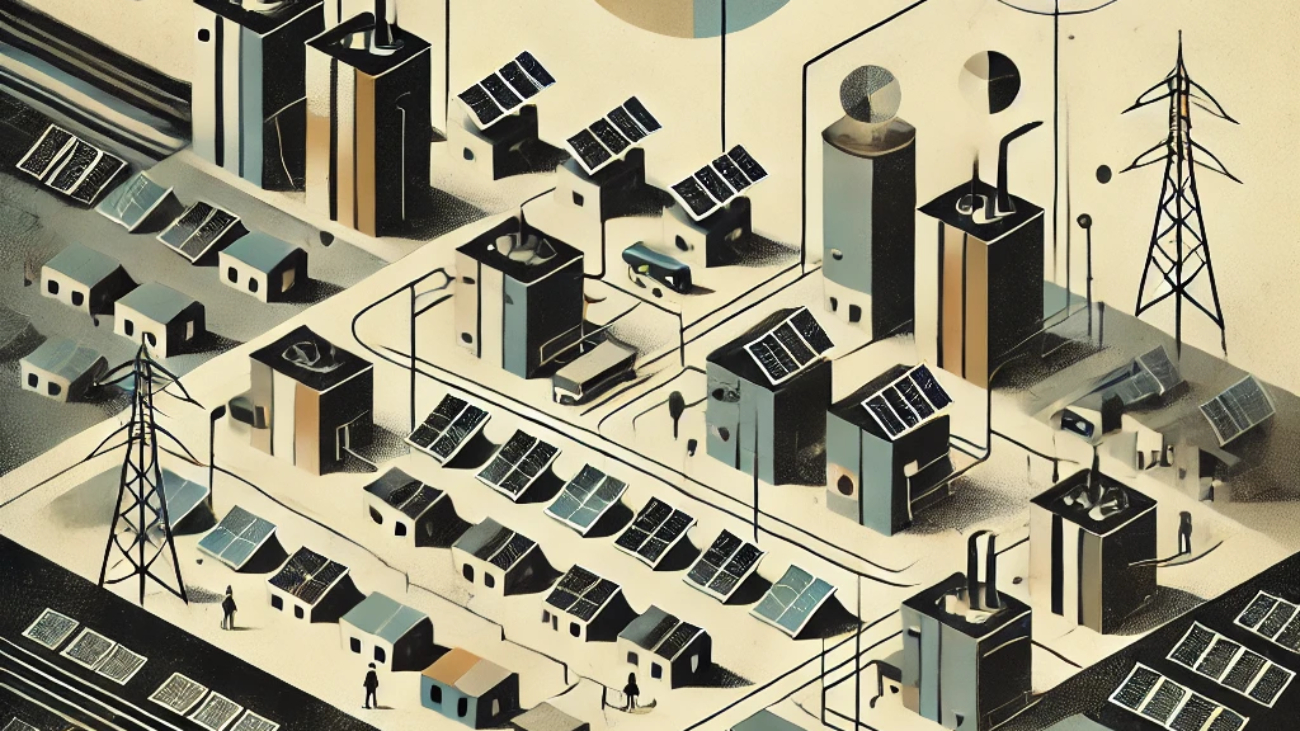 DALL·E 2024-06-19 12.25.43 - A 1960s abstract conceptual illustration representing community energy storage in a tier 3 city in India. The image uses muted black, muted beige, and