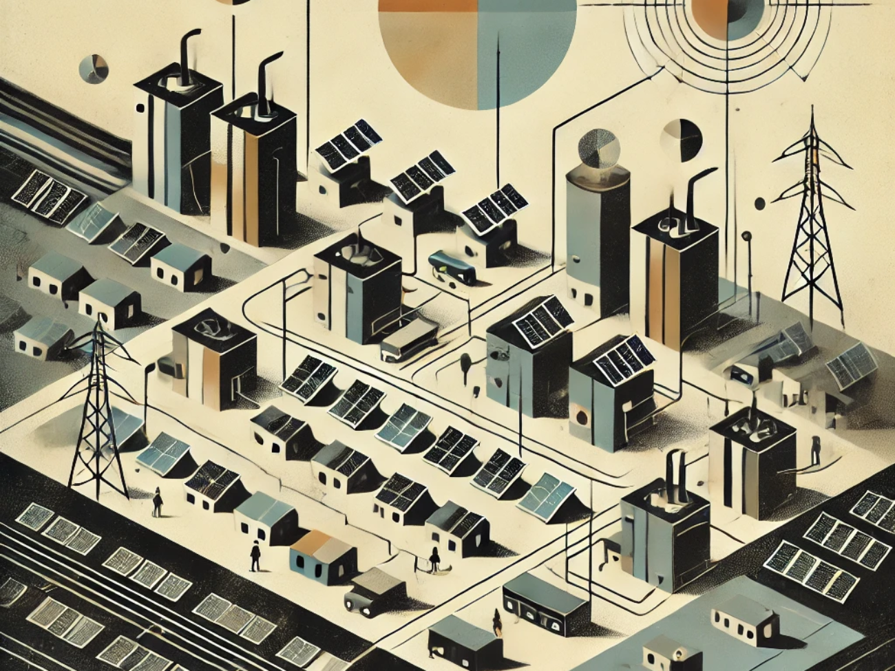 DALL·E 2024-06-19 12.25.43 - A 1960s abstract conceptual illustration representing community energy storage in a tier 3 city in India. The image uses muted black, muted beige, and
