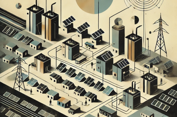 DALL·E 2024-06-19 12.25.43 - A 1960s abstract conceptual illustration representing community energy storage in a tier 3 city in India. The image uses muted black, muted beige, and