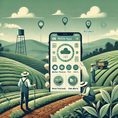 DALL·E 2024-06-19 13.58.23 - An illustration depicting the use of mobile apps in tea plantation management. The image features tea farmers using smartphones with screens displayin