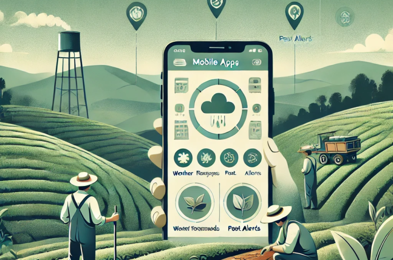 DALL·E 2024-06-19 13.58.23 - An illustration depicting the use of mobile apps in tea plantation management. The image features tea farmers using smartphones with screens displayin