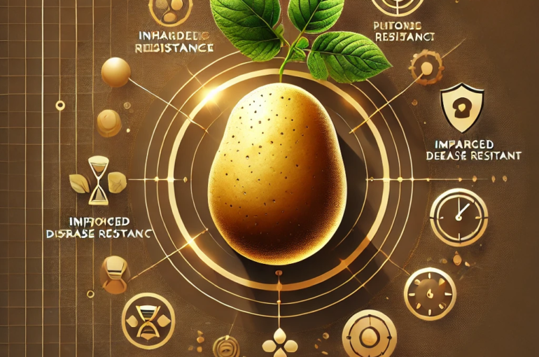 DALL·E 2024-06-20 11.56.14 - An image centered around a potato, symbolizing biotechnological advancements in agriculture. The potato is depicted with a golden glow, representing e