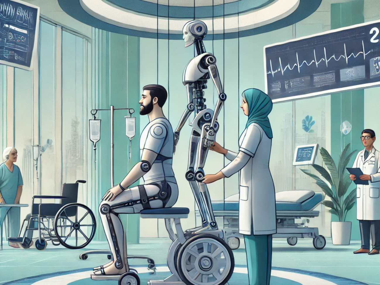 DALL·E 2024-06-20 12.45.38 - A conceptual illustration of robotic-assisted rehabilitation in an Indian hospital setting. The scene features a patient undergoing physical therapy w