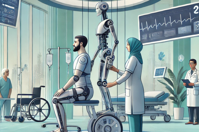 DALL·E 2024-06-20 12.45.38 - A conceptual illustration of robotic-assisted rehabilitation in an Indian hospital setting. The scene features a patient undergoing physical therapy w