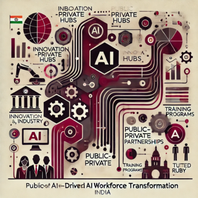 DALL·E 2024-06-20 14.13.19 - A 2010s style abstract conceptual illustration depicting public-private partnerships in India focused on AI-driven workforce transformation. The color