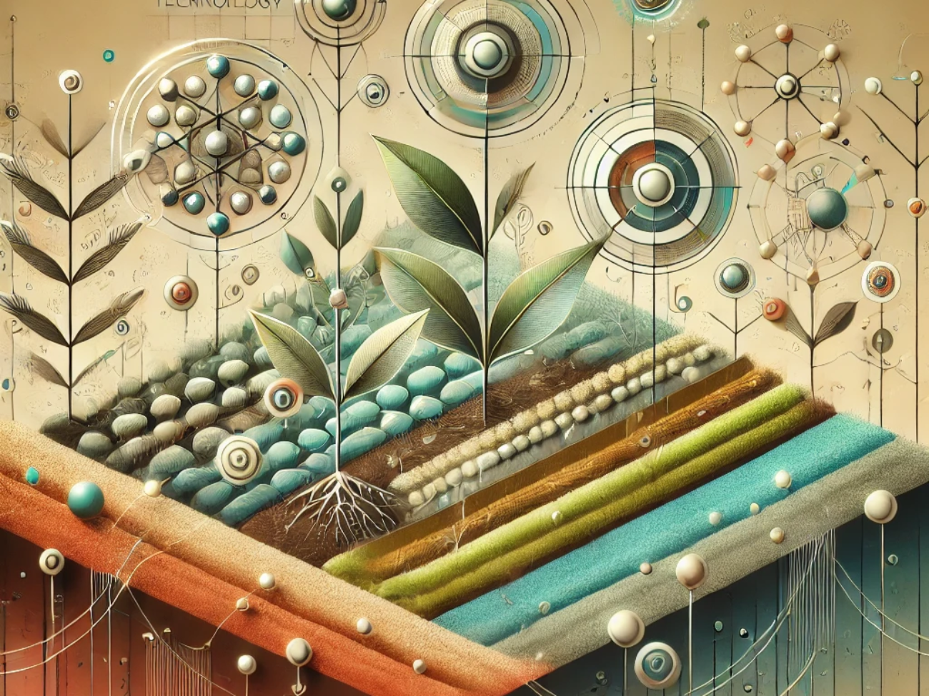 DALL·E 2024-06-20 14.18.58 - An abstract conceptual illustration with muted colors depicting the integration of soil technology and nanotechnology for crop rotation in Indian agri