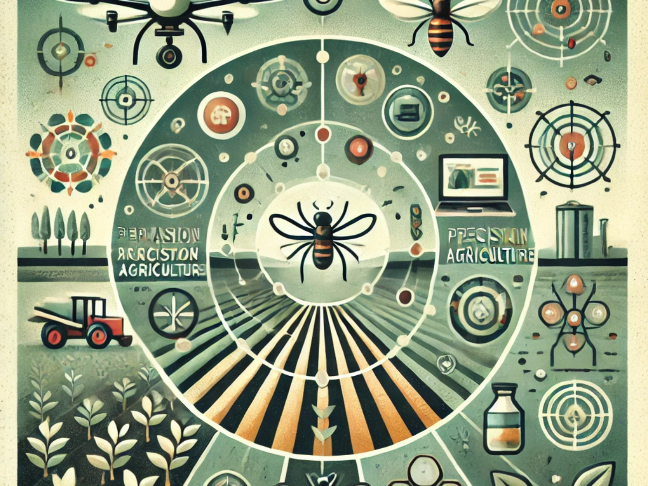 DALL·E 2024-06-20 16.32.50 - A square abstract image with muted colors depicting advanced pest management in agriculture. The design includes elements like drones flying over fiel