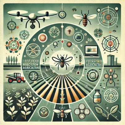 DALL·E 2024-06-20 16.32.50 - A square abstract image with muted colors depicting advanced pest management in agriculture. The design includes elements like drones flying over fiel