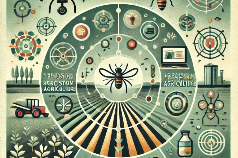 DALL·E 2024-06-20 16.32.50 - A square abstract image with muted colors depicting advanced pest management in agriculture. The design includes elements like drones flying over fiel