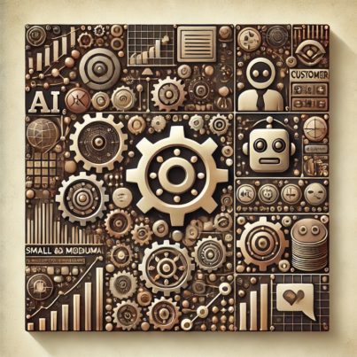 DALL·E 2024-06-20 16.40.32 - A square abstract image with bronze and muted topaz colors, depicting small and medium businesses leveraging AI. The design includes elements like gea