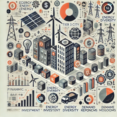 DALL·E 2024-06-20 17.25.32 - A square abstract illustration depicting the economic risks and mitigation strategies of relying solely on renewable energy for a Tier 3 city. The des