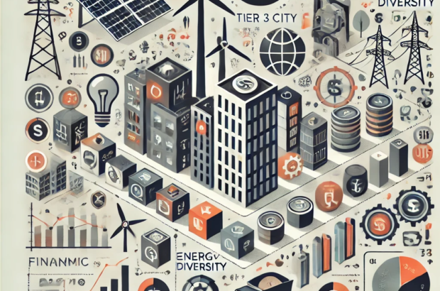 DALL·E 2024-06-20 17.25.32 - A square abstract illustration depicting the economic risks and mitigation strategies of relying solely on renewable energy for a Tier 3 city. The des