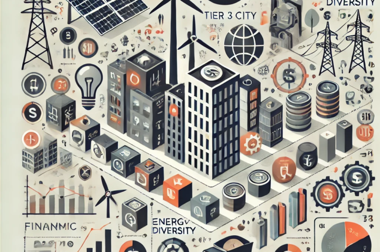 DALL·E 2024-06-20 17.25.32 - A square abstract illustration depicting the economic risks and mitigation strategies of relying solely on renewable energy for a Tier 3 city. The des