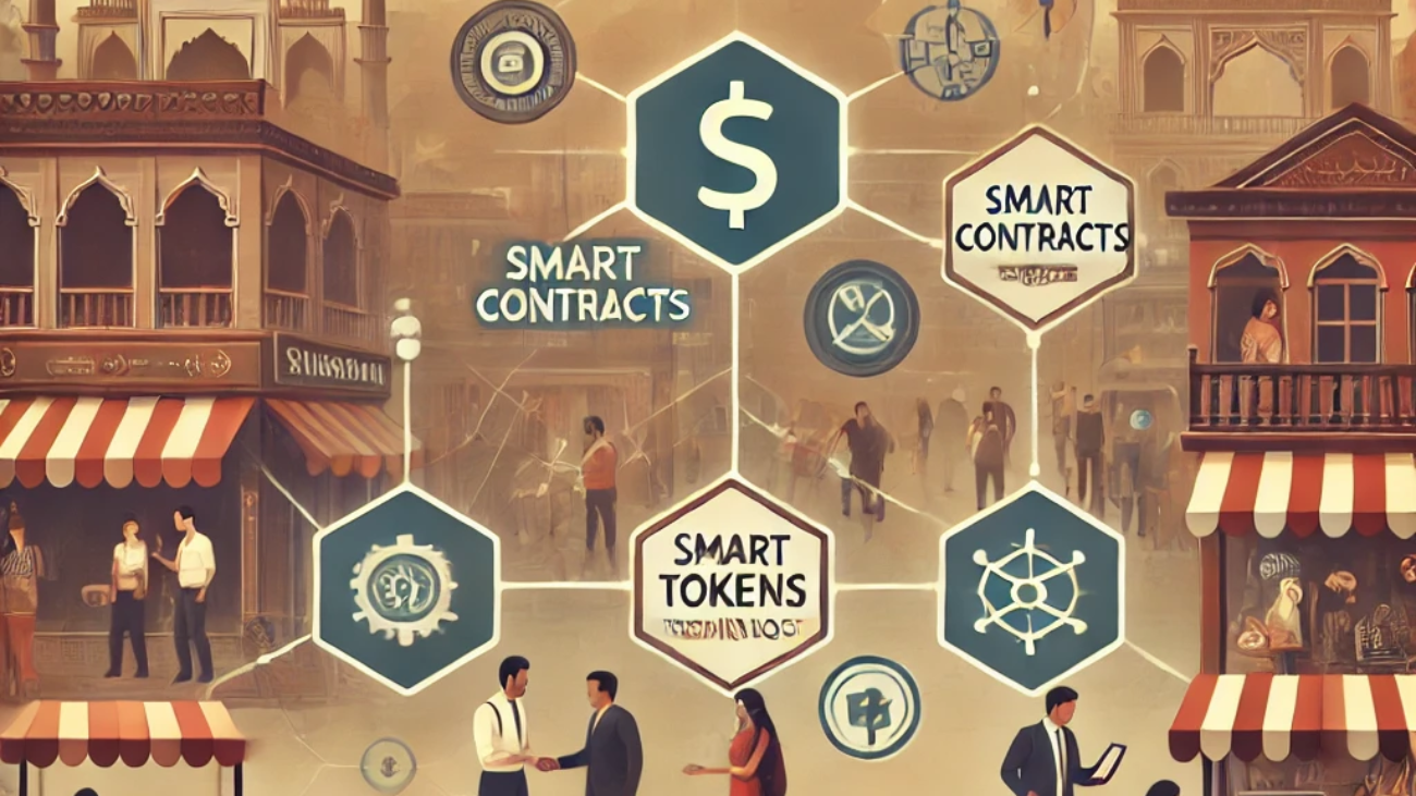 DALL·E 2024-06-21 09.18.28 - A subtle and modern illustration depicting smart marketing for small enterprises in India. Include elements like smart contracts, tokens, and distribu