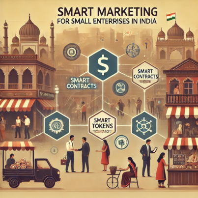 DALL·E 2024-06-21 09.18.28 - A subtle and modern illustration depicting smart marketing for small enterprises in India. Include elements like smart contracts, tokens, and distribu