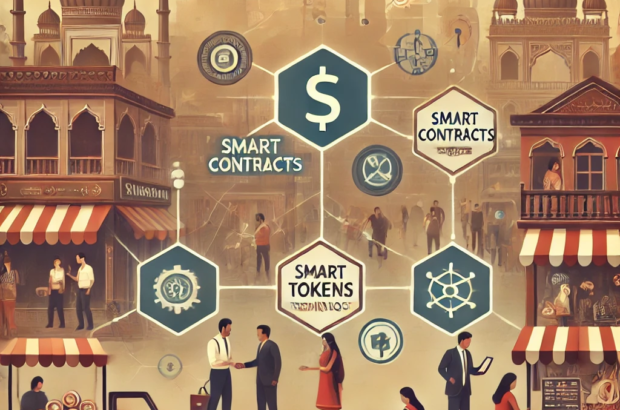 DALL·E 2024-06-21 09.18.28 - A subtle and modern illustration depicting smart marketing for small enterprises in India. Include elements like smart contracts, tokens, and distribu