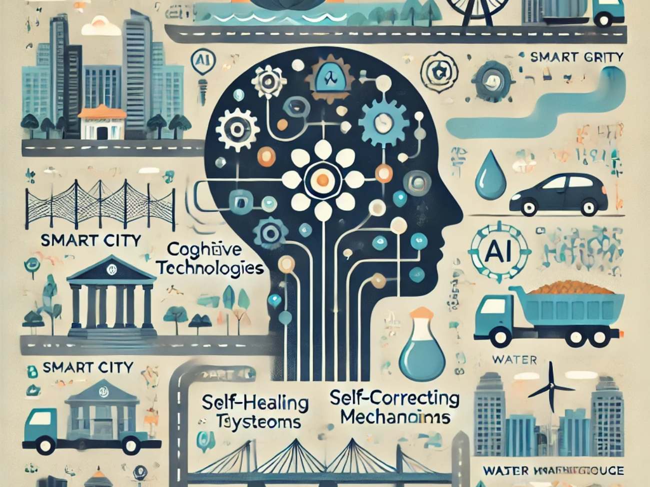 DALL·E 2024-06-21 09.32.28 - A subtle and modern illustration depicting the use of cognitive technologies and self-correcting mechanisms in smart city governance and maintenance.