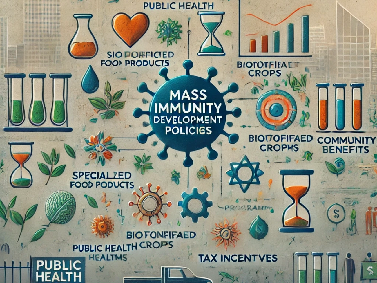 DALL·E 2024-06-21 09.39.05 - A subtle and modern illustration depicting the concept of mass immunity development policies. Include elements such as specialized food products, biof