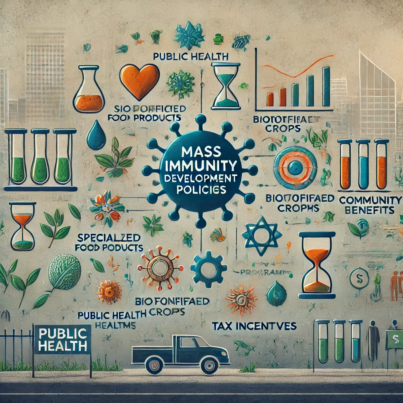 DALL·E 2024-06-21 09.39.05 - A subtle and modern illustration depicting the concept of mass immunity development policies. Include elements such as specialized food products, biof