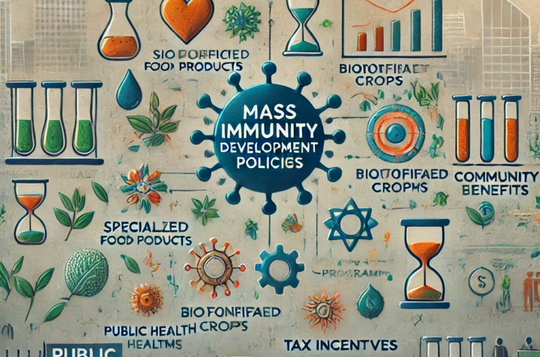 DALL·E 2024-06-21 09.39.05 - A subtle and modern illustration depicting the concept of mass immunity development policies. Include elements such as specialized food products, biof