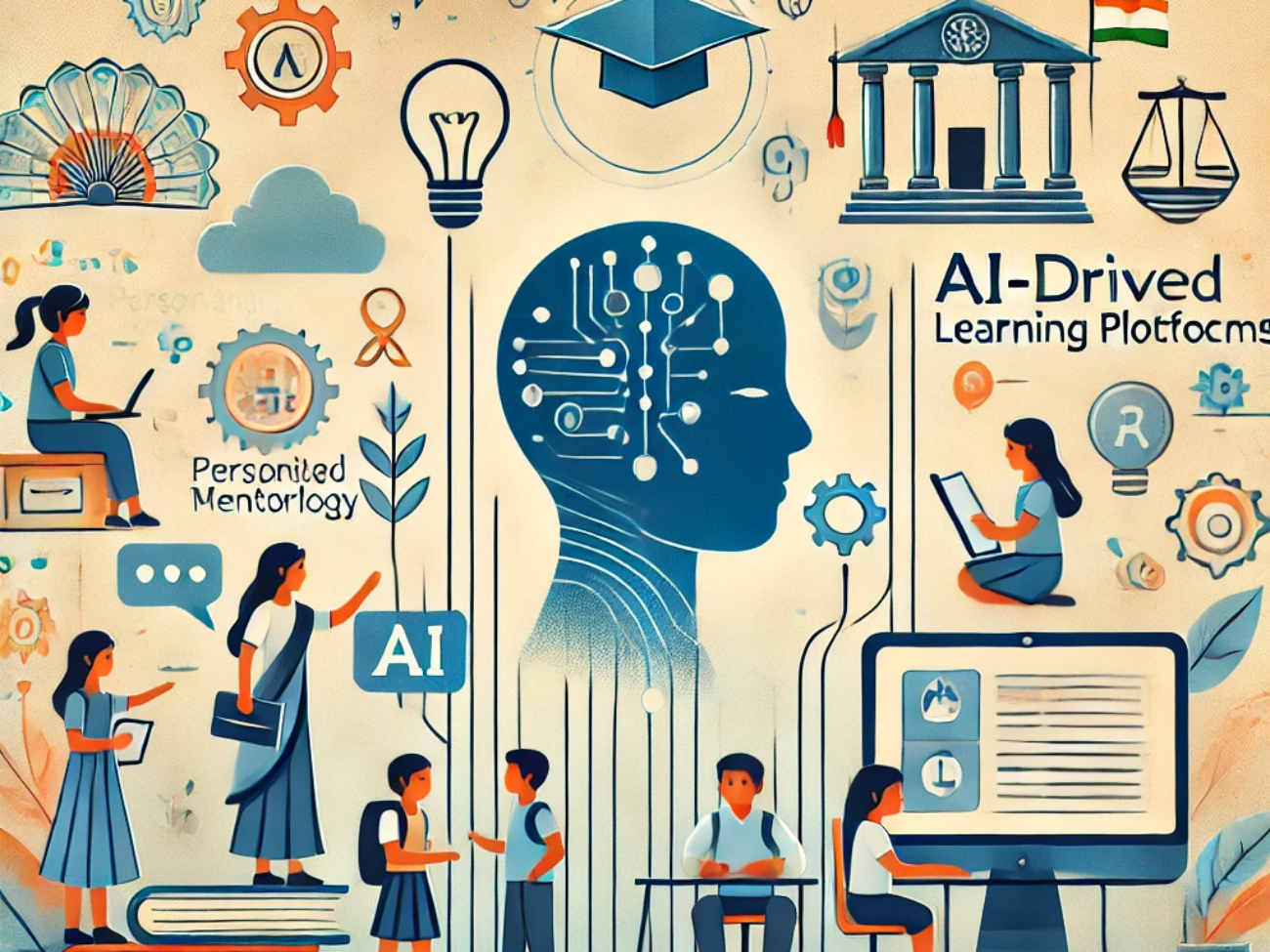 DALL·E 2024-06-21 10.35.26 - A subtle and modern illustration depicting the use of AI and technology to level the playing field in the Indian education system. Include elements su