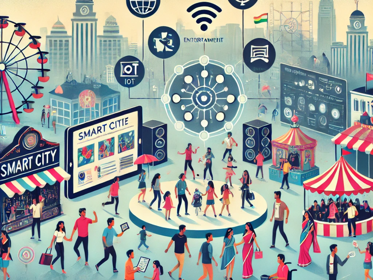 DALL·E 2024-06-21 11.25.51 - A smart and modern illustration depicting the integration of entertainment and festival activities in smart cities, particularly in Indian Tier 2 and