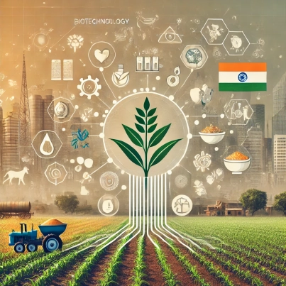 DALL·E 2024-06-21 12.07.01 - A subtle and modern illustration showing the impact of genetically modified crops and biotechnology on food security in India. Include elements such a