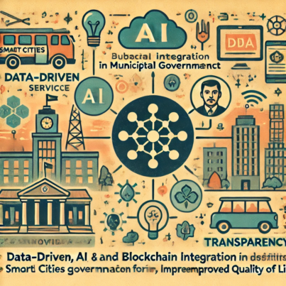 DALL·E 2024-06-21 12.30.23 - A retro-styled illustration showing the benefits of data-driven, AI, and blockchain integration in municipal governance for smart cities in India. Use