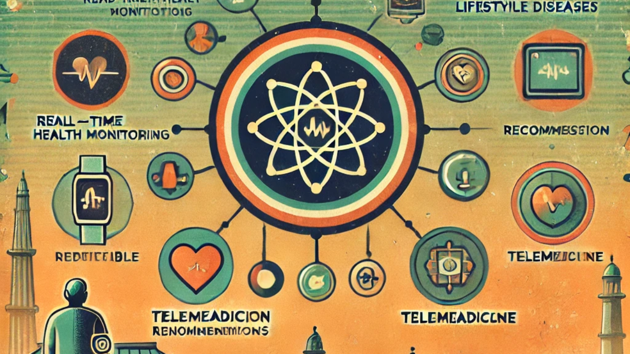 DALL·E 2024-06-21 12.36.38 - A muted colors 1980s style illustration showing the integration of AI and wearable technology in managing lifestyle diseases in India. Include element