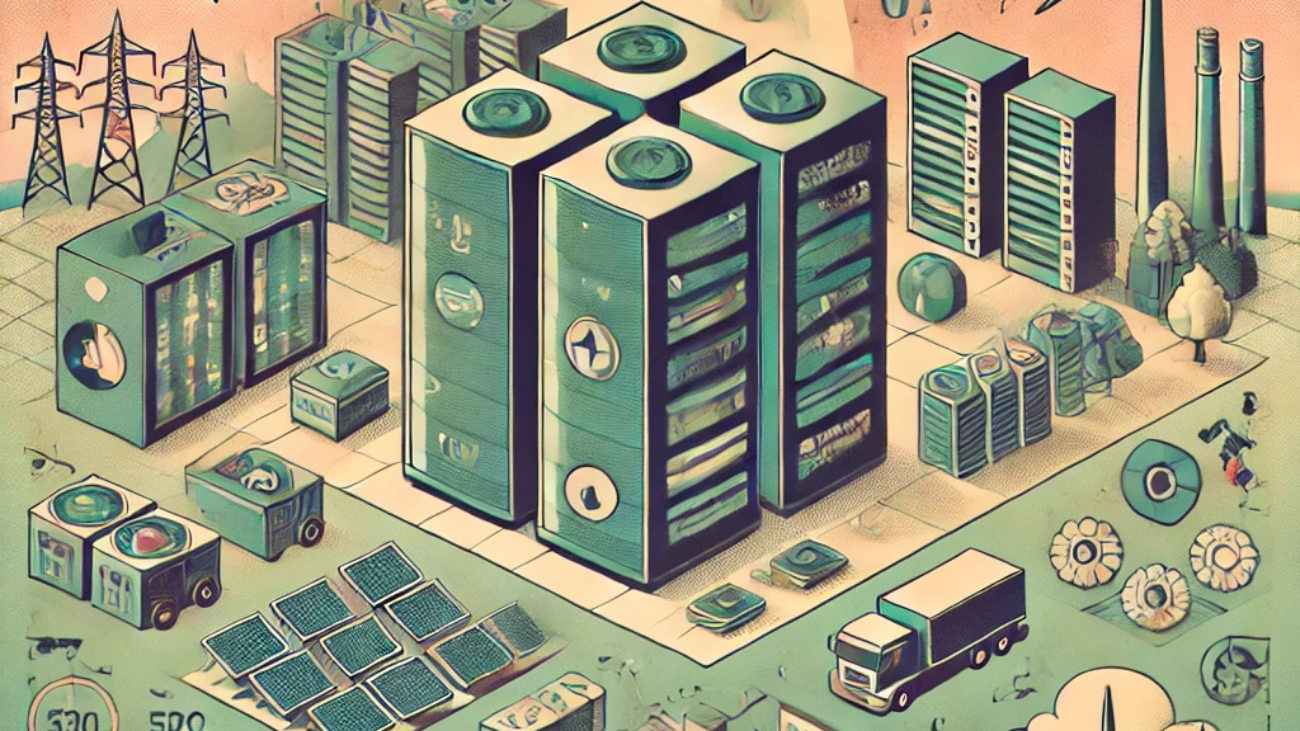 DALL·E 2024-06-21 13.55.42 - A muted colors 1990s style illustration depicting the key challenges and policy approaches for optimizing data centers. Include elements such as energ