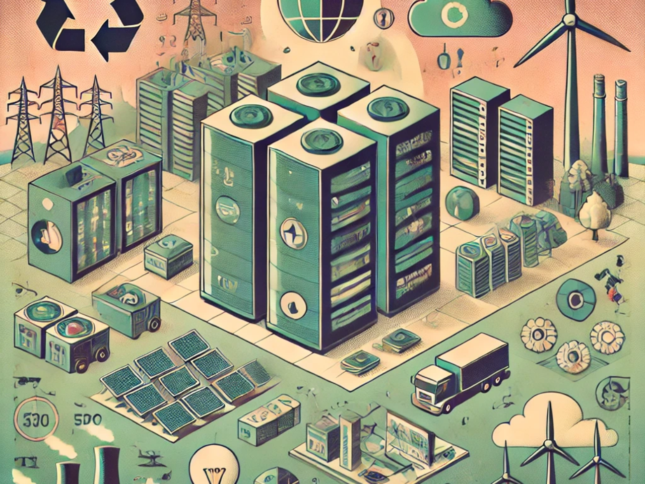 DALL·E 2024-06-21 13.55.42 - A muted colors 1990s style illustration depicting the key challenges and policy approaches for optimizing data centers. Include elements such as energ