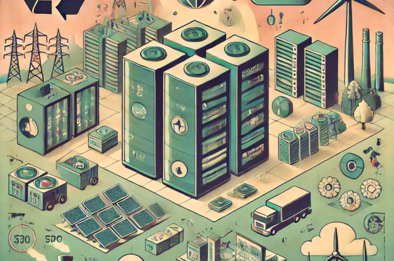 DALL·E 2024-06-21 13.55.42 - A muted colors 1990s style illustration depicting the key challenges and policy approaches for optimizing data centers. Include elements such as energ