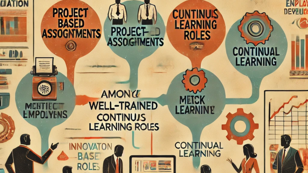 DALL·E 2024-06-21 14.25.13 - A 1970s muted style illustration showing solutions for underemployment among well-trained employees. Include elements such as project-based assignment