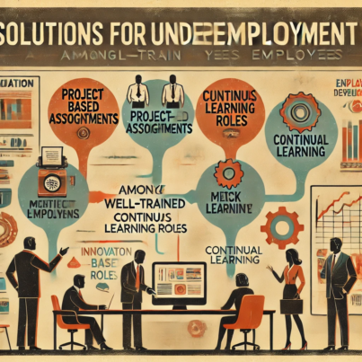 DALL·E 2024-06-21 14.25.13 - A 1970s muted style illustration showing solutions for underemployment among well-trained employees. Include elements such as project-based assignment