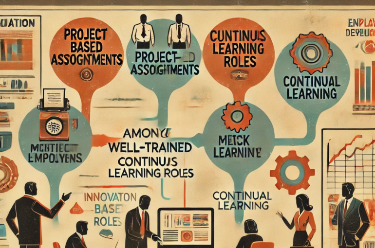 DALL·E 2024-06-21 14.25.13 - A 1970s muted style illustration showing solutions for underemployment among well-trained employees. Include elements such as project-based assignment