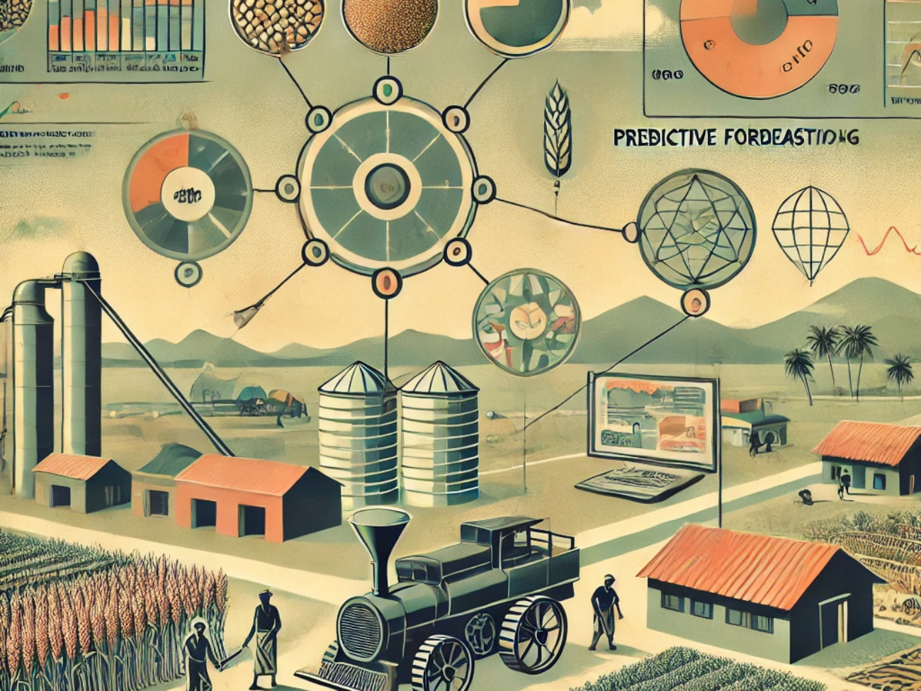 DALL·E 2024-06-21 14.51.20 - A 1960s style illustration with muted colors showing large-scale grain production methods and predictive data models. Include elements such as drought